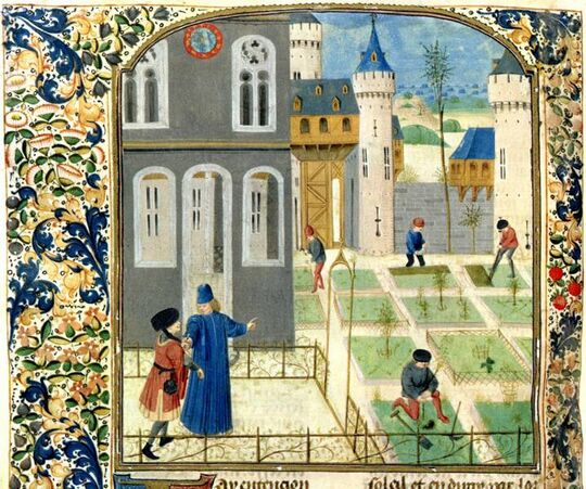 Le jardin (XIIIème siècle) 
Livre des prouffitz champestres et ruraulx.- Pier de Crescenzi, Maître de Marguerite d'york
© Bibliothèque nationale de France. Bibliothèque de l'Arsenal. Ms-5064 (Réserve), f°. CLI